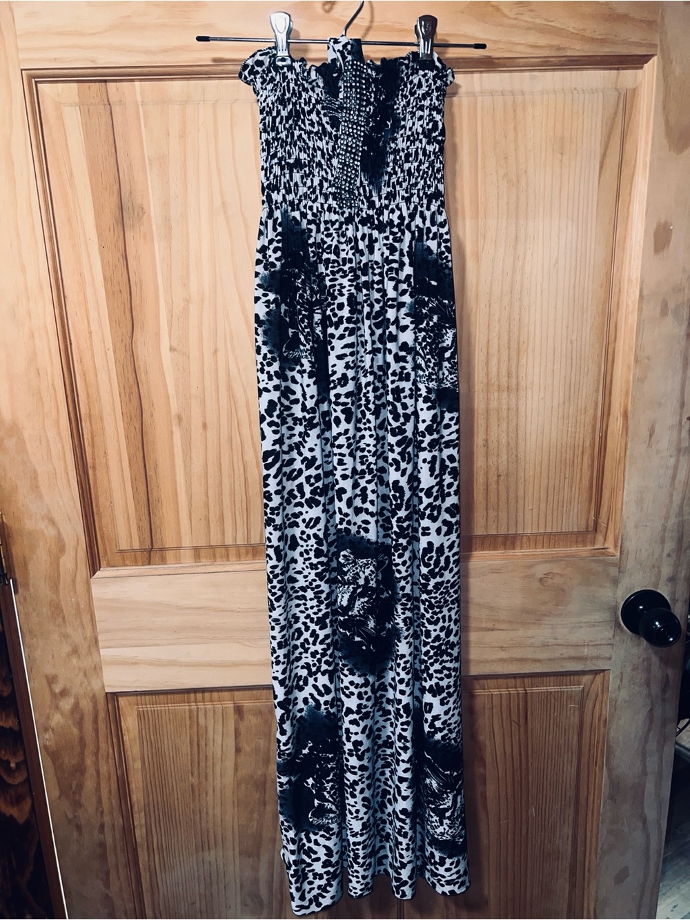 Smocked Strapless Maxi Dress in Black and White Leopard